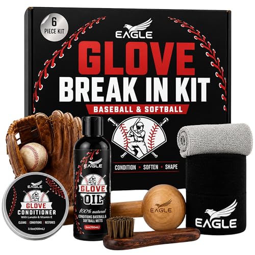 Eagle Glove Break in Kit Glove Oil 845oz Conditioner 338oz Wrap Mallet Applicator Cloth 6Pieces Set for Baseball Gloves Softball Gloves - Image 1