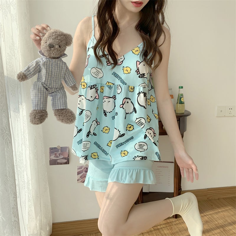 Comes with chest pad suspenders pajamas women's summer thin cute cartoon Korean sexy home clothes set foreign trade Wholesale - Image 1