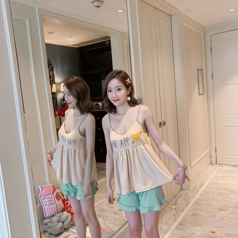 Comes with chest pad suspenders pajamas women's summer thin cute cartoon Korean sexy home clothes set foreign trade Wholesale - Image 5