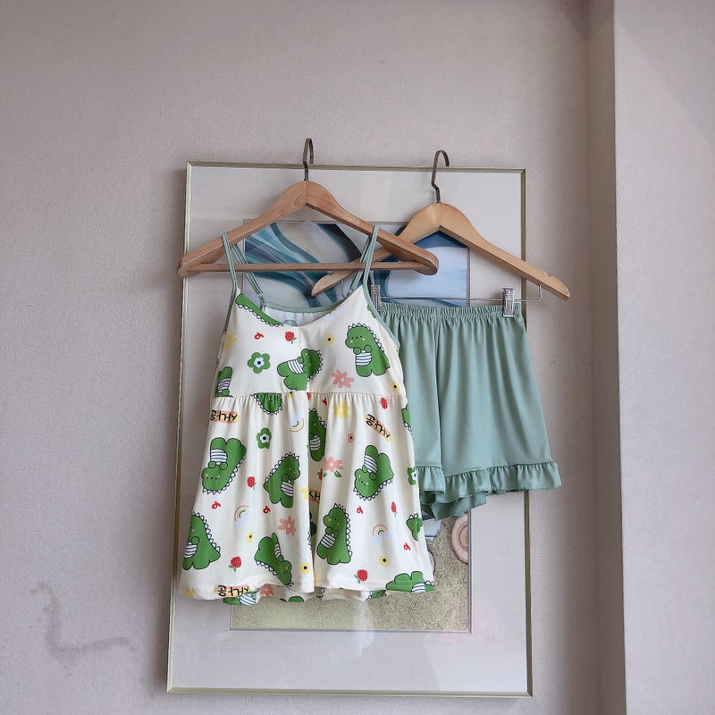 Comes with chest pad suspenders pajamas women's summer thin cute cartoon Korean sexy home clothes set foreign trade Wholesale - Image 4