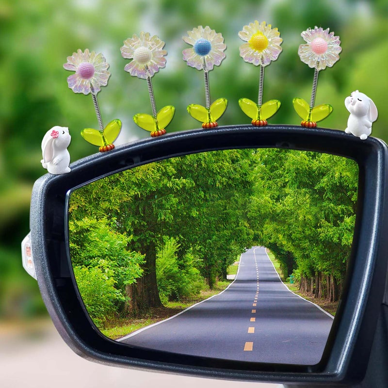 Kurilai 7Pcs Cute Sunflower Car Rear View Mirror Accessories Funny Bunny Resin Car Ornament Shaking Spring Doublesided Flower Dashboard Decorations Exquisite Interior Decor for Home Garden Computer Desk - Image 3