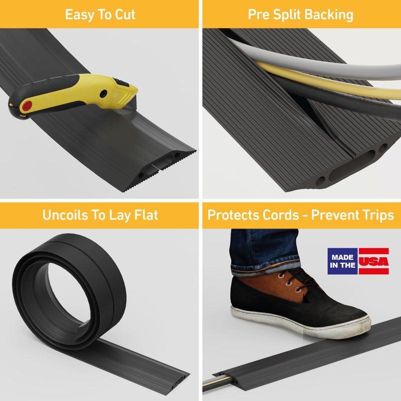 D-Line 6ft Floor Cord Cover, Made in USA Linkable Cable Protector, Hide Extension Cords, Protect Cords, Prevent Cable Trips, Cord Hider, Heavy Duty - Cord Cavity = 1.18" (W) x 0.39" (H) - Black - Image 2