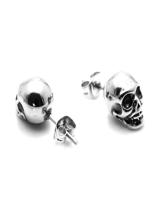 Xusamss Punk Jewelry Stainless Steel Skull Head Stud Earrings(Silver) - Image 3