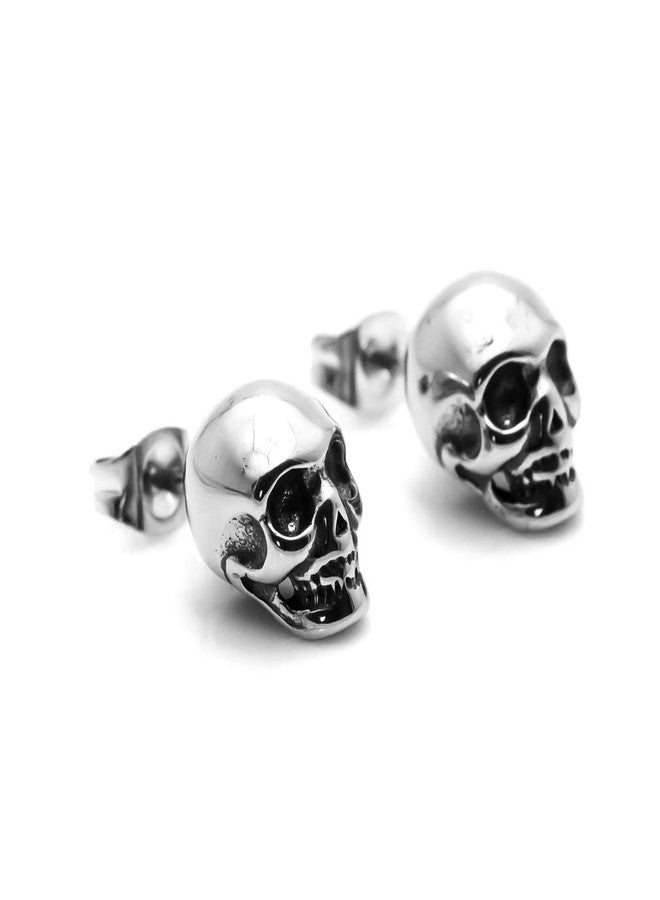 Xusamss Punk Jewelry Stainless Steel Skull Head Stud Earrings(Silver) - Image 1