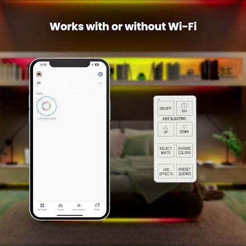 Feit Electric Smart Light Strip 16FT, Ultrathin RGBW Color Chasing LED Light Strip, 2.4GHz Wi-Fi Enabled, Works with Alexa and Google Home Assistant, Remote Control, (0.4in x 192in) TAPE192/CHASE/AG - Image 4