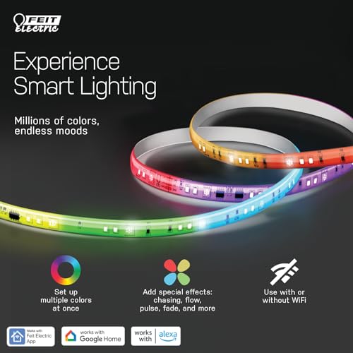 Feit Electric Smart Light Strip 16FT, Ultrathin RGBW Color Chasing LED Light Strip, 2.4GHz Wi-Fi Enabled, Works with Alexa and Google Home Assistant, Remote Control, (0.4in x 192in) TAPE192/CHASE/AG - Image 5