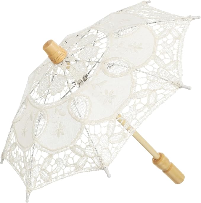 Beige Lace Wedding Parasol Compact Travel Umbrella Hand Held Bridal Prop - Image 1