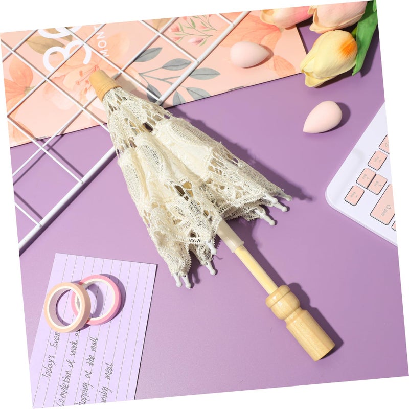 Beige Lace Wedding Parasol Compact Travel Umbrella Hand Held Bridal Prop - Image 3