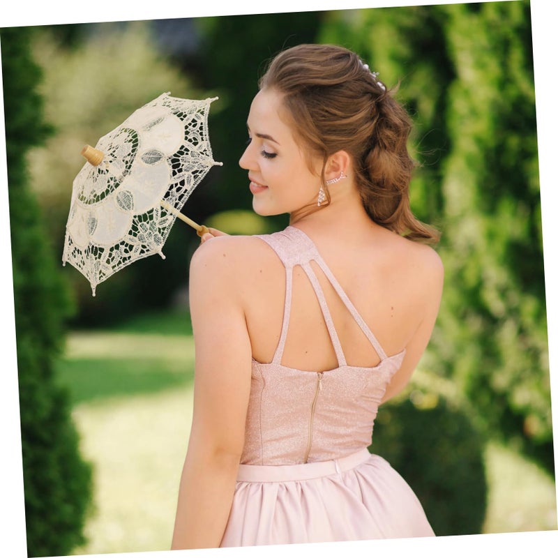 Beige Lace Wedding Parasol Compact Travel Umbrella Hand Held Bridal Prop - Image 4