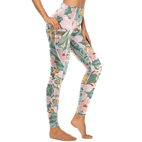 KevaMolly Yoga Pants with Phone Pockets for Women High Waisted Leggings Petite Length Workout Activewear Y2k Floral Print - Image 1