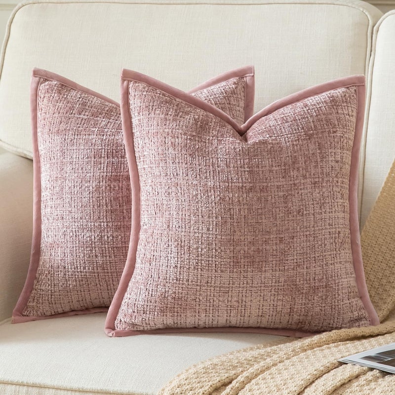 Yaertun Pack of 2 Chenille Textured Decorative Throw Pillow Covers Accent Solid Cushion Cover Soft Cozy Pillow Case with Velvet Back for Couch Sofa Bed Living Room 26x26 Inch Dusty Pink - Image 1