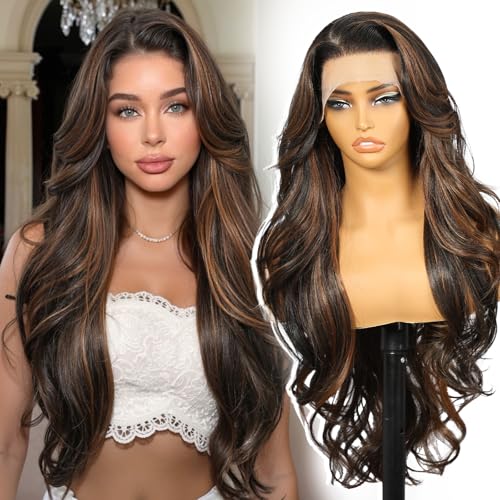 KOME Brown Highlight Synthetic Lace Front Wig136 Body Wave HD Lace Glueless Wigs for Women Natural Daily Use 28IN - Image 1