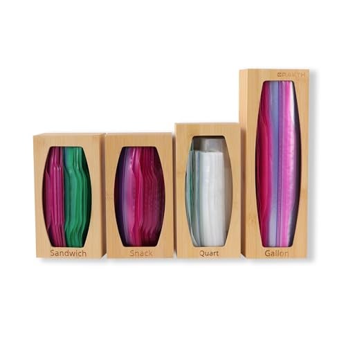 CRAKTH Bamboo Plastic Bag Storage Organizer for Kitchen Drawer 4 Separate Baggie Organizer Suitable for Gallon Quart Sandwich  Snack Variety Size Bag
