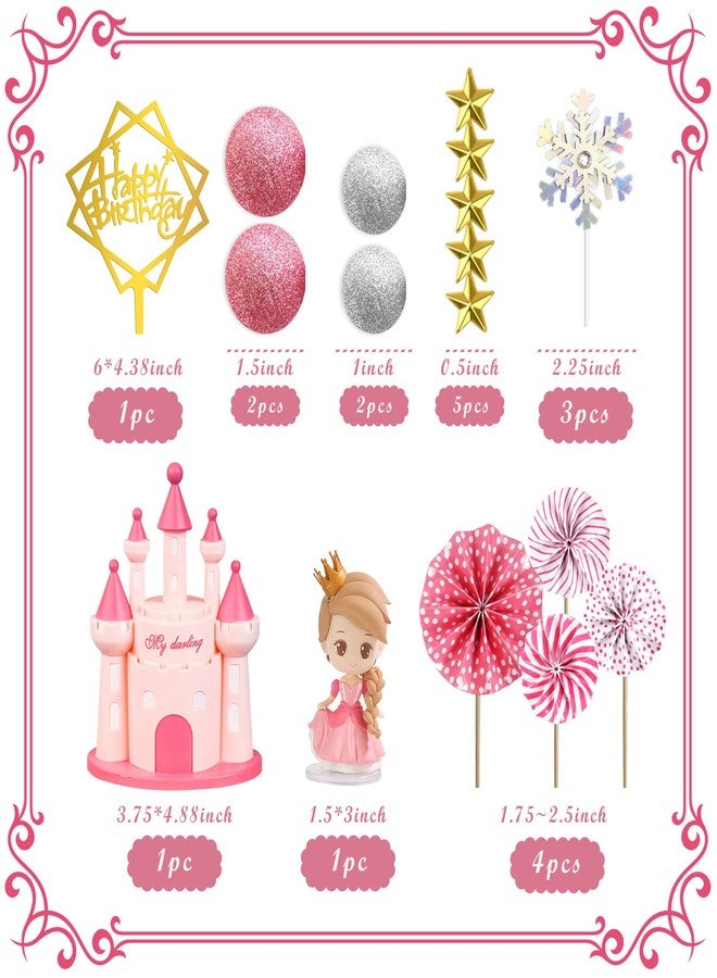 DRWATE 19 PCS Princess Cake Topper Castle Cake Decoration with Snowflake and Stars for Princess Birthday Supplies (Pink) - Image 2