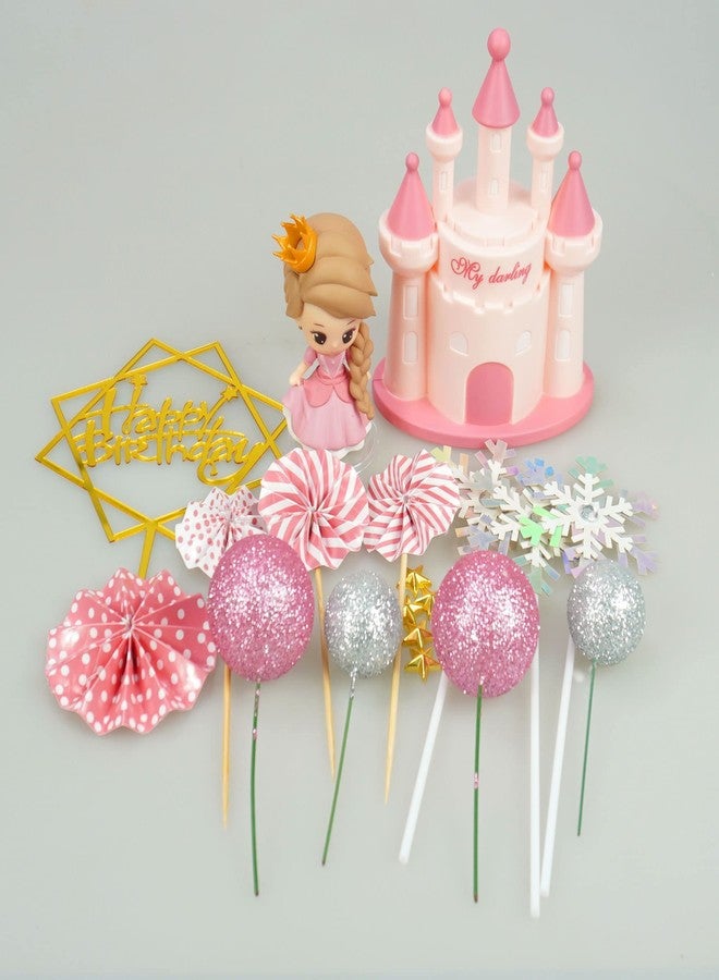 DRWATE 19 PCS Princess Cake Topper Castle Cake Decoration with Snowflake and Stars for Princess Birthday Supplies (Pink) - Image 3