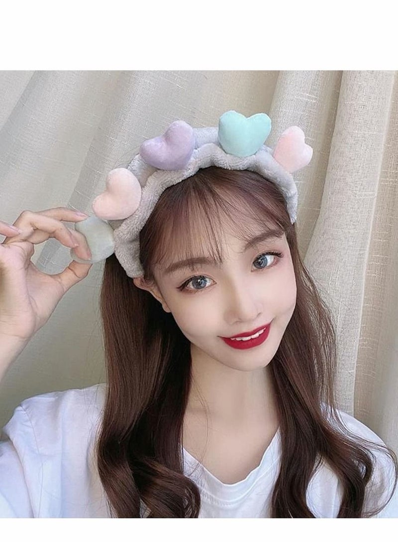 Excefore Spa Headband, 3 Pcs Heart Shape Hair Band Women Facial Makeup Head Soft Coral Fleece Wraps, for or Girls Washing Face Shower Sports Beauty Skincare(Purple, Grey, Cream Yellow) - Image 5