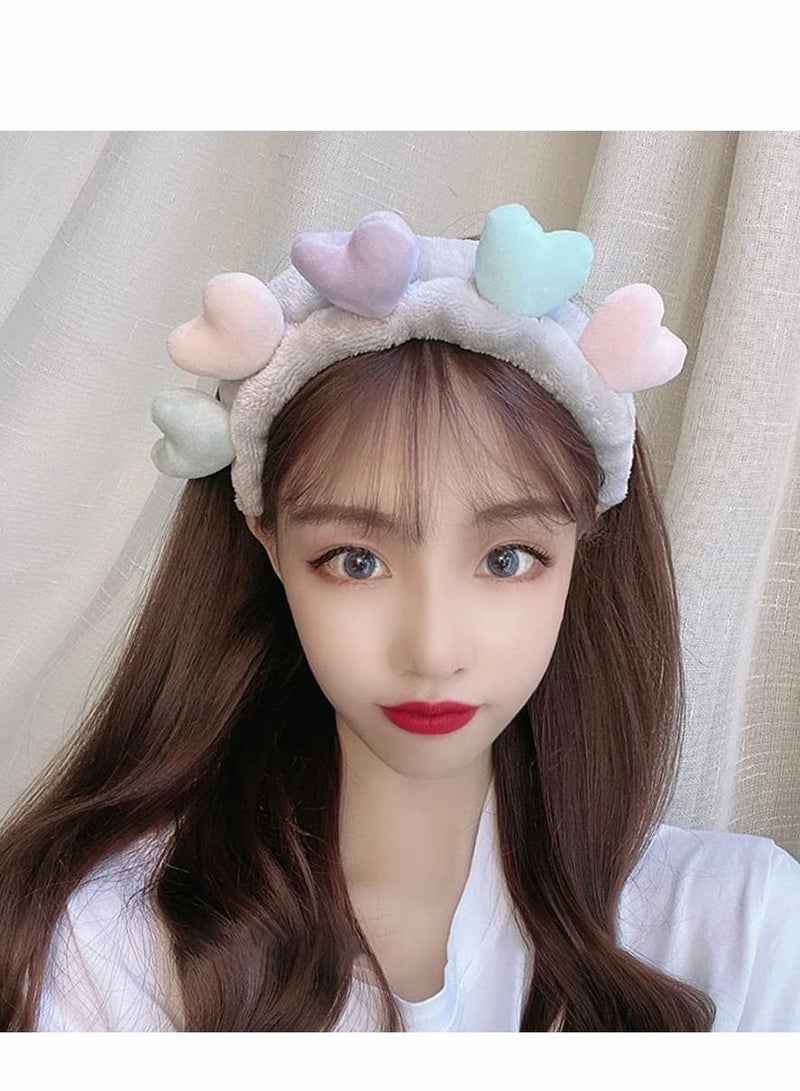 Excefore Spa Headband, 3 Pcs Heart Shape Hair Band Women Facial Makeup Head Soft Coral Fleece Wraps, for or Girls Washing Face Shower Sports Beauty Skincare(Purple, Grey, Cream Yellow) - Image 3