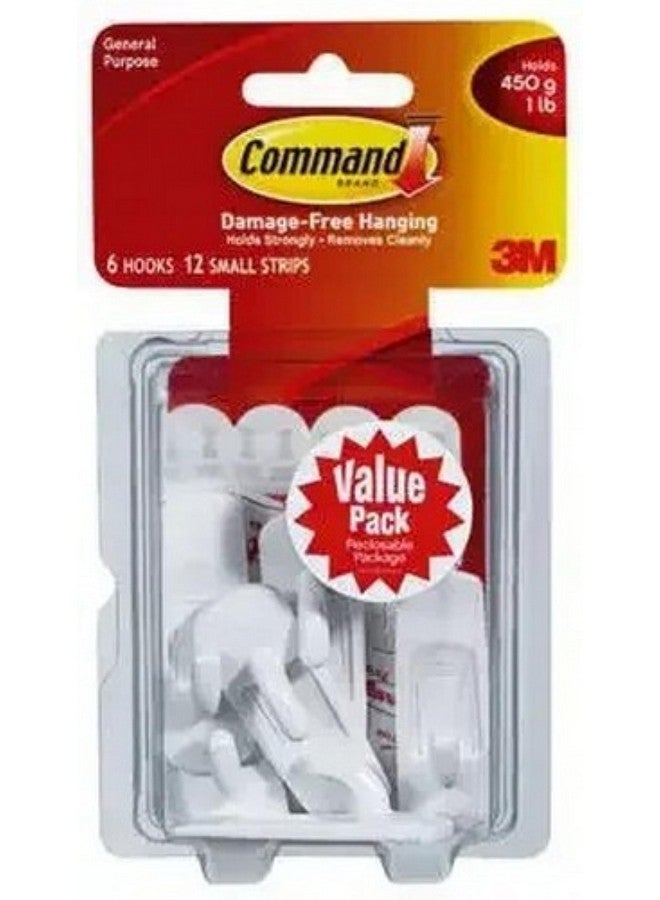 Command 1 Lb Capacity Plastic Utility Hooks For Indoor Use (17002-6Es), Pack Of ( 6 Hooks, 12 Strips) , White - Image 1