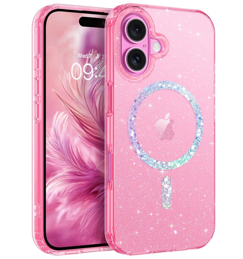 BENTOBEN Magnetic for iPhone 16 Plus Case Clear Crystal Glitter 16Plus Phone Case Compatible with MagSafe Shockproof Sparkly Cute Women Girl Cover for iPhone 16Plus 67 inch Hot Pink Glitter - Image 2
