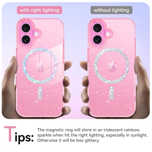 BENTOBEN Magnetic for iPhone 16 Plus Case Clear Crystal Glitter 16Plus Phone Case Compatible with MagSafe Shockproof Sparkly Cute Women Girl Cover for iPhone 16Plus 67 inch Hot Pink Glitter - Image 3
