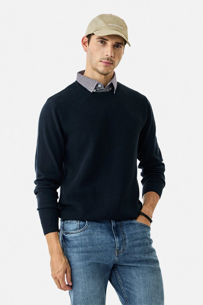 سنيتش Navy Textured Long Sleeve Regular Fit Sweater