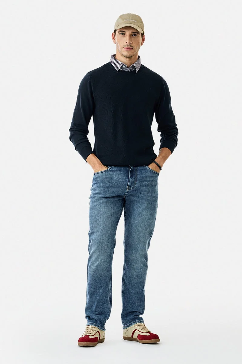 SNITCH Navy Textured Long Sleeve Regular Fit Sweater