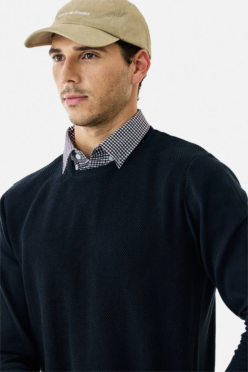 SNITCH Navy Textured Long Sleeve Regular Fit Sweater