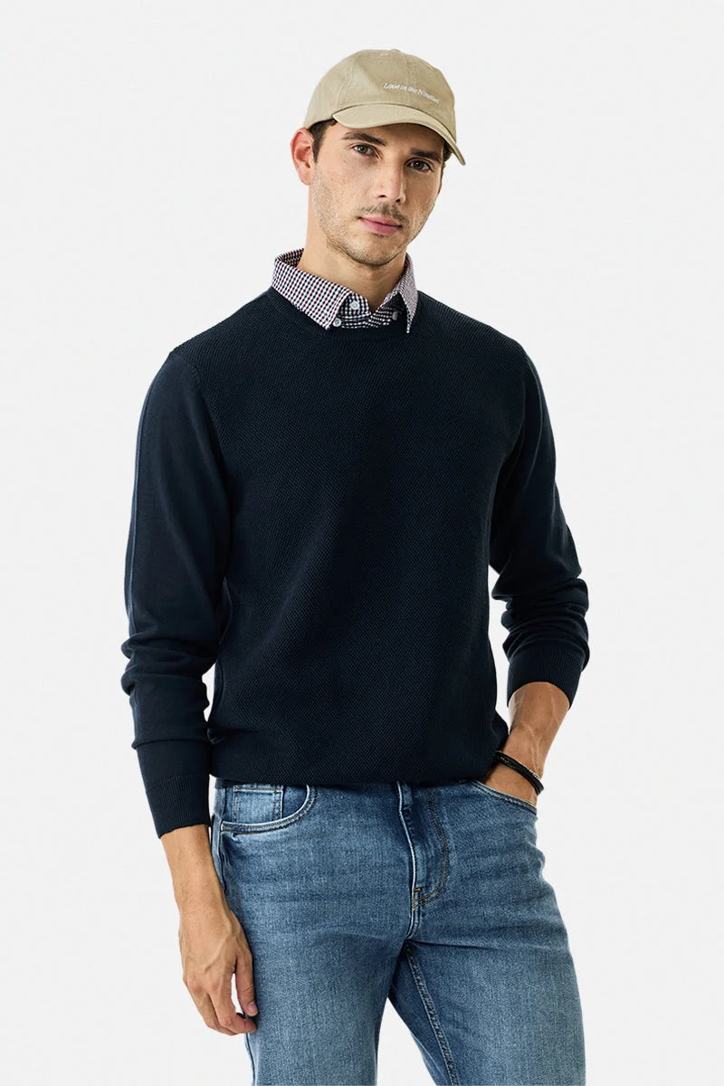 سنيتش Navy Textured Long Sleeve Regular Fit Sweater