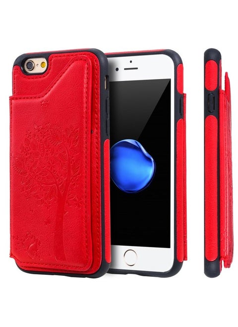 Case Cover For iPhone 6 & 6s Cat Tree Embossing Pattern Shockproof Protective Case with Card Slots & Photo Frame & Holder Red