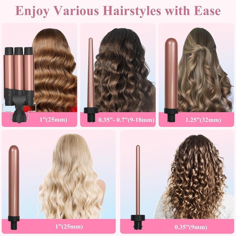 AMINAC 5-in-1 Curling Iron Set – Create Beautiful Curls with Triple Barrel, Tapered & Classic Wands, Tourmaline Ceramic, Fast Heat-Up, Adjustable Temp, Includes Heat Glove & Clips, Gift for Women - Image 2