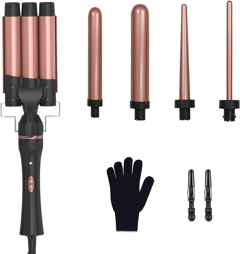 AMINAC 5-in-1 Curling Iron Set – Create Beautiful Curls with Triple Barrel, Tapered & Classic Wands, Tourmaline Ceramic, Fast Heat-Up, Adjustable Temp, Includes Heat Glove & Clips, Gift for Women - Image 1