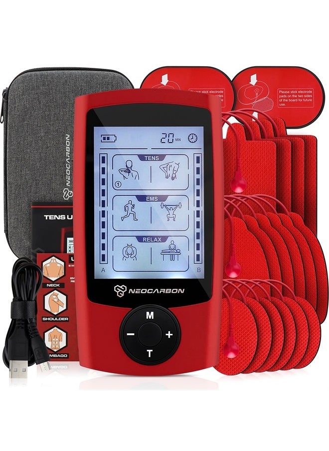 Neocarbon TENS Unit Muscle Stimulator, EMS Massager Machine for Shoulder, Neck, Sciatica and Back Pain Relief, Electronic Pulse Massage Physical Therapy, Red  - Image 1