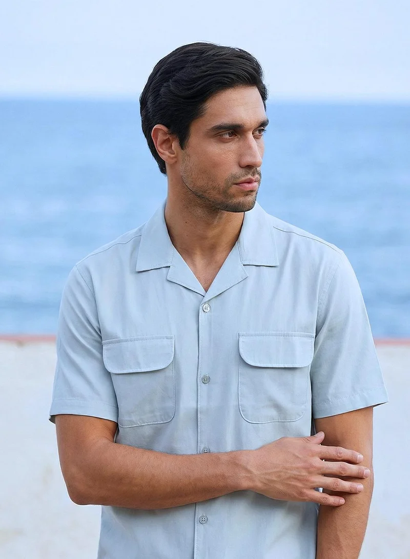 Dennis Lingo  Men Light Blue Cotton Solid Print Button Down Relaxed Shirt for Men | Best Price UAE
