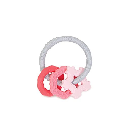 Bumkins Baby Teething Freezer Toy Keys Rings Soft Flexible Pacifier to Chew Cool Teether Gum Relief Babies 3 Months Freezable Platinum Silicone Sensory Bracelet with Charms Pink and Gray