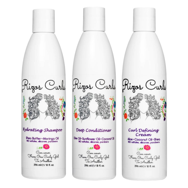 Rizos Curls حزمة ريزوس كيرلز الثلاثية، شامبو مرطب وبلسم عميق وكريم تجعيد، ينظف ويرطب الشعر المجعد بلطف، يحدد ويشكل التجاعيد لحجم خالي من التجاعيد، لجميع أنماط التجعيد 2a - 4c - Image 1