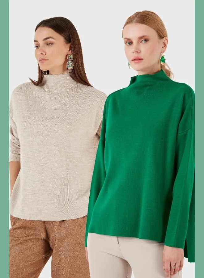 ليلا ليلا سويتر نسائي قطن بياقة واقفة وظهر طويل عبوة من قطعتين