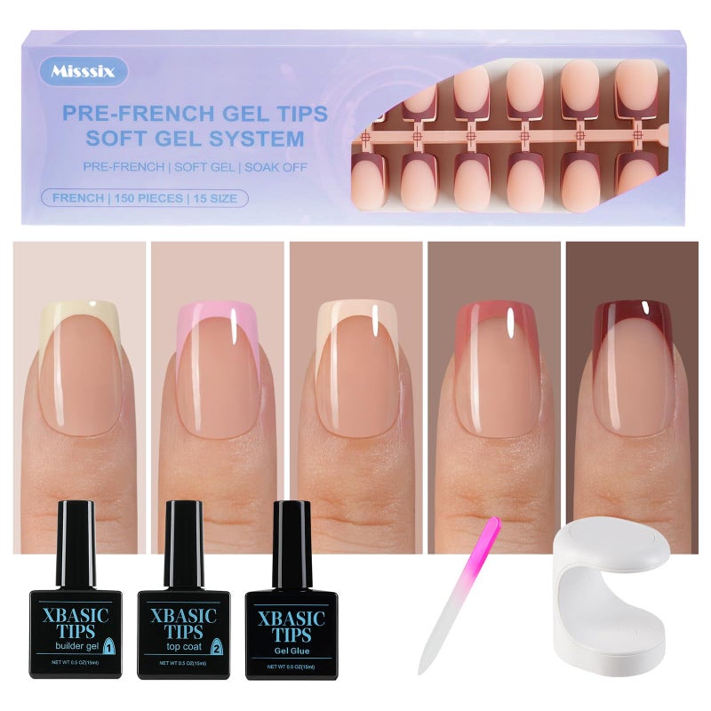 Misssix French Tip Press On Nails, 160Pcs French Gel Nail Tips, Short Square Soft Gel Fake Nails, X-BASIC Tips Starter Kit for Nail Art DIY 16 Sizes - Image 1