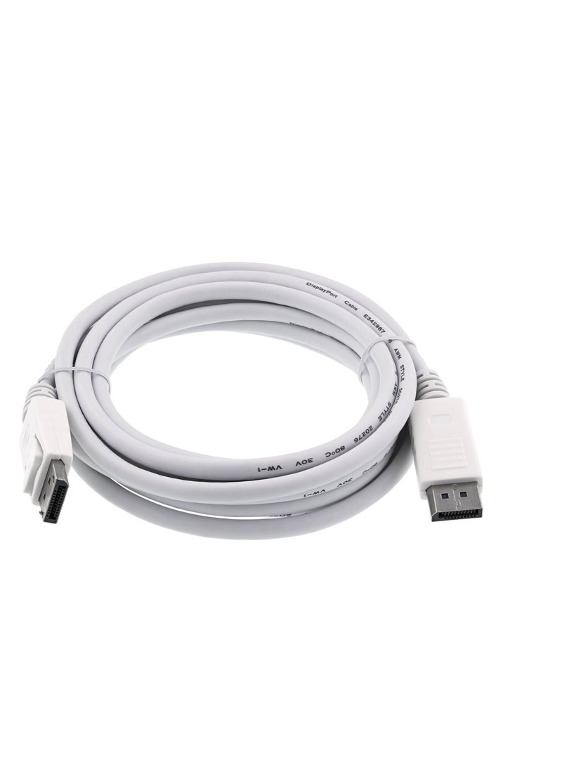 Generic - Display Port DP Male to Male Cable , a digital audio/video interconnect, intended to be used primarily between a computer and a display monitor, or a home-theater system. DisplayPort currently supports a maximum of 32.40 Gbit/s data rate over a 3 meter cable , White - Image 1