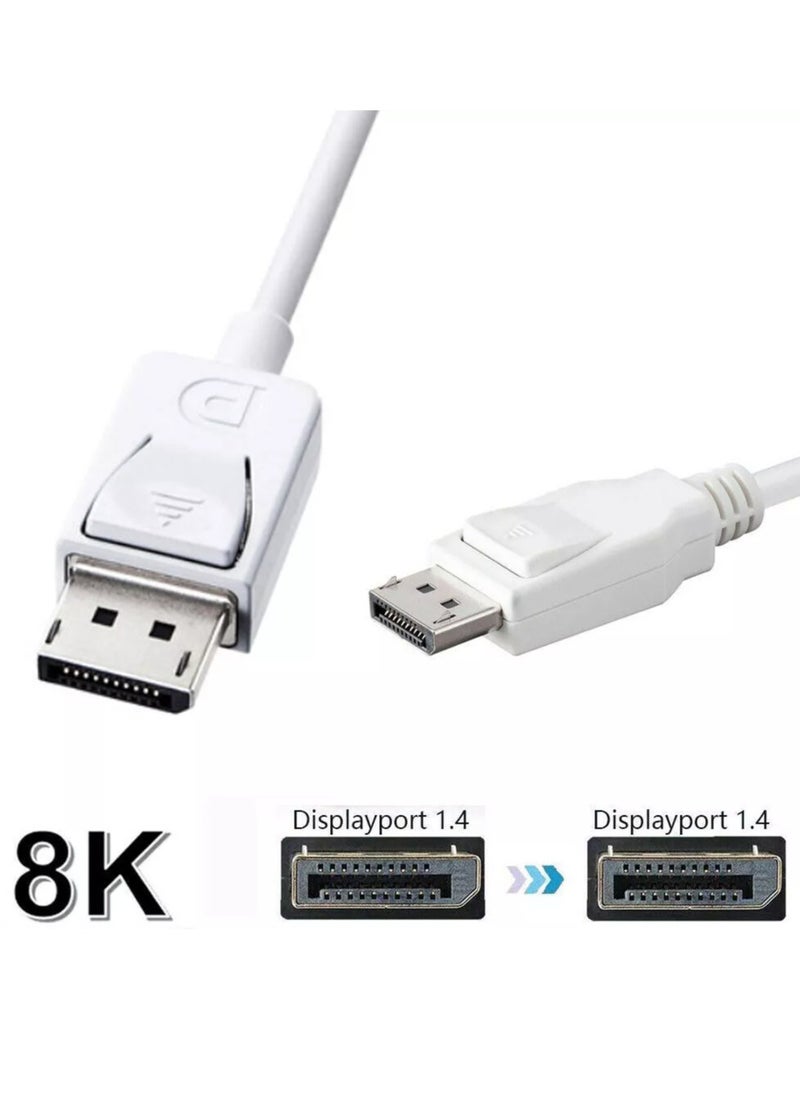 Generic - Display Port DP Male to Male Cable , a digital audio/video interconnect, intended to be used primarily between a computer and a display monitor, or a home-theater system. DisplayPort currently supports a maximum of 32.40 Gbit/s data rate over a 3 meter cable , White - Image 1