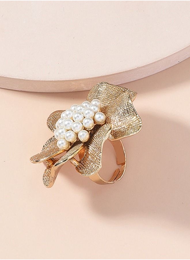 HS - Fashion Adjustable Pearl Crystal Flower Statement Ring Rhinestone FloraL Engagement Wedding Bands Rings Luxury Jewelry for Women Girl Gift Gold Silver Plated - Image 1
