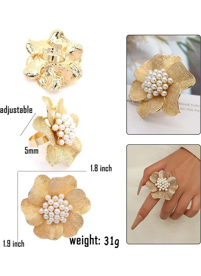 HS - Fashion Adjustable Pearl Crystal Flower Statement Ring Rhinestone FloraL Engagement Wedding Bands Rings Luxury Jewelry for Women Girl Gift Gold Silver Plated - Image 1