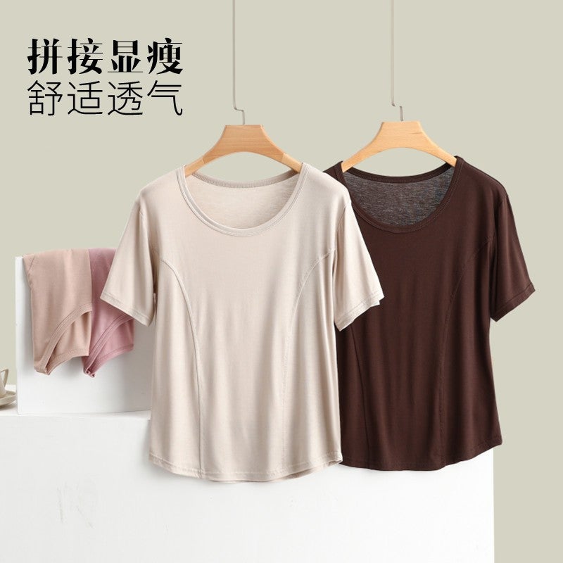 Modal Stitching Crewneck Short-Sleeved T-Shirt Women'S Summer Plus Size Thin Slim Outer Wear Top Slim-Fit Inner Base Shirt - Image 2