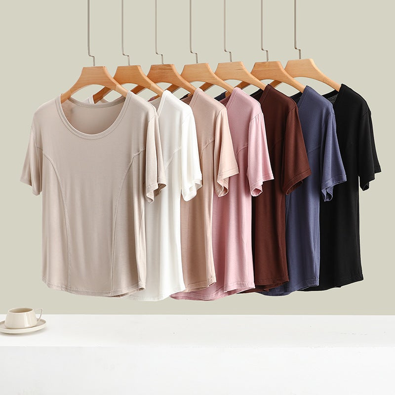 Modal Stitching Crewneck Short-Sleeved T-Shirt Women'S Summer Plus Size Thin Slim Outer Wear Top Slim-Fit Inner Base Shirt - Image 3