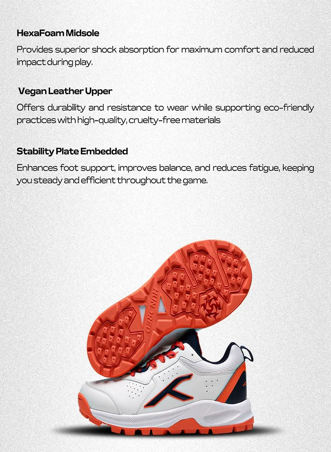 HUNDRED Hyperdrive Cricket Shoes | Terraspike Rubber Studs | Embedded Support Plate For Stability | Lightweight & Durable | Ideal For Turf, Ground & Hard Surfaces (White/Navy/Orange ; Uk 4)