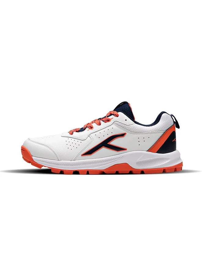 HUNDRED Hyperdrive Cricket Shoes | Terraspike Rubber Studs | Embedded Support Plate For Stability | Lightweight & Durable | Ideal For Turf, Ground & Hard Surfaces (White/Navy/Orange ; Uk 4)