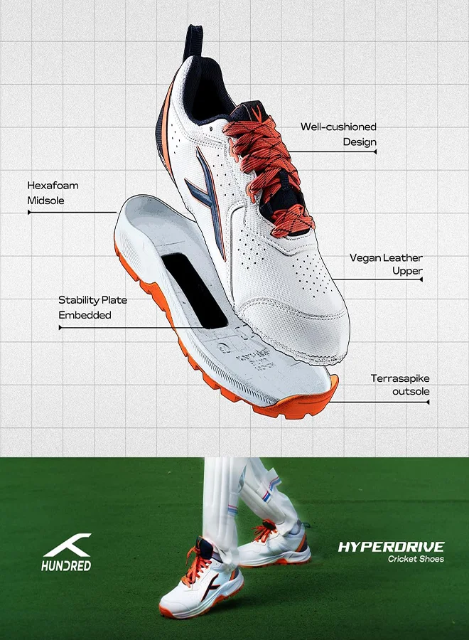 HUNDRED Hyperdrive Cricket Shoes | Terraspike Rubber Studs | Embedded Support Plate For Stability | Lightweight & Durable | Ideal For Turf, Ground & Hard Surfaces (White/Navy/Orange ; Uk 4)