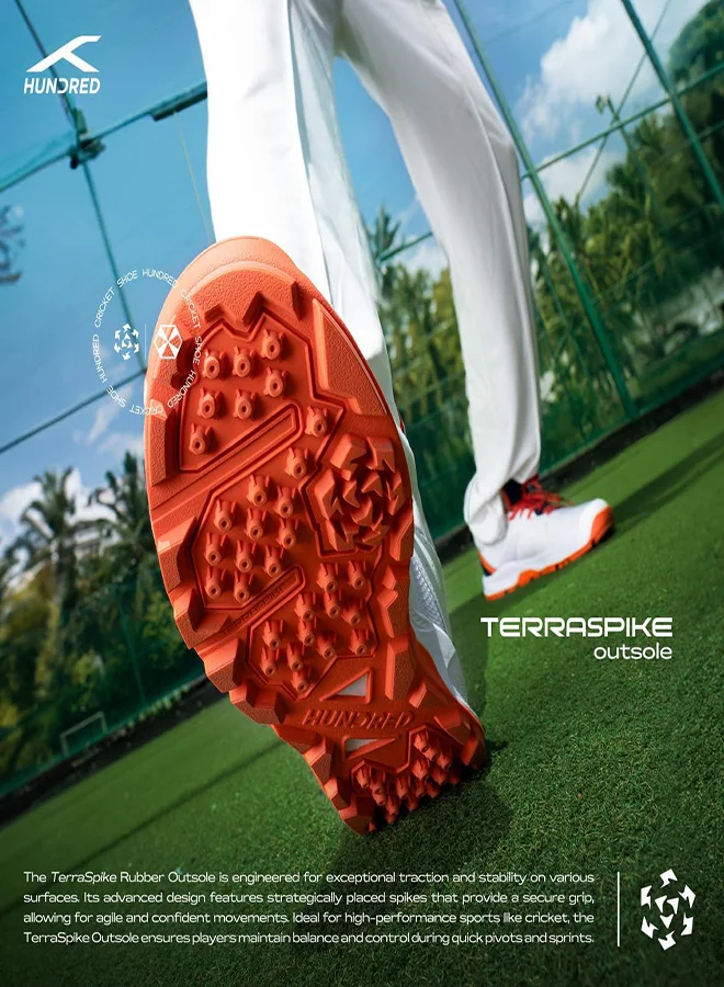 HUNDRED Hyperdrive Cricket Shoes | Terraspike Rubber Studs | Embedded Support Plate For Stability | Lightweight & Durable | Ideal For Turf, Ground & Hard Surfaces (White/Navy/Orange ; Uk 4)
