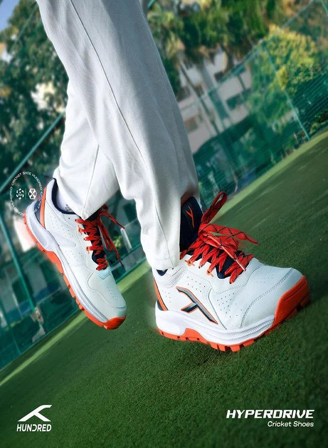 HUNDRED Hyperdrive Cricket Shoes | Terraspike Rubber Studs | Embedded Support Plate For Stability | Lightweight & Durable | Ideal For Turf, Ground & Hard Surfaces (White/Navy/Orange ; Uk 4)