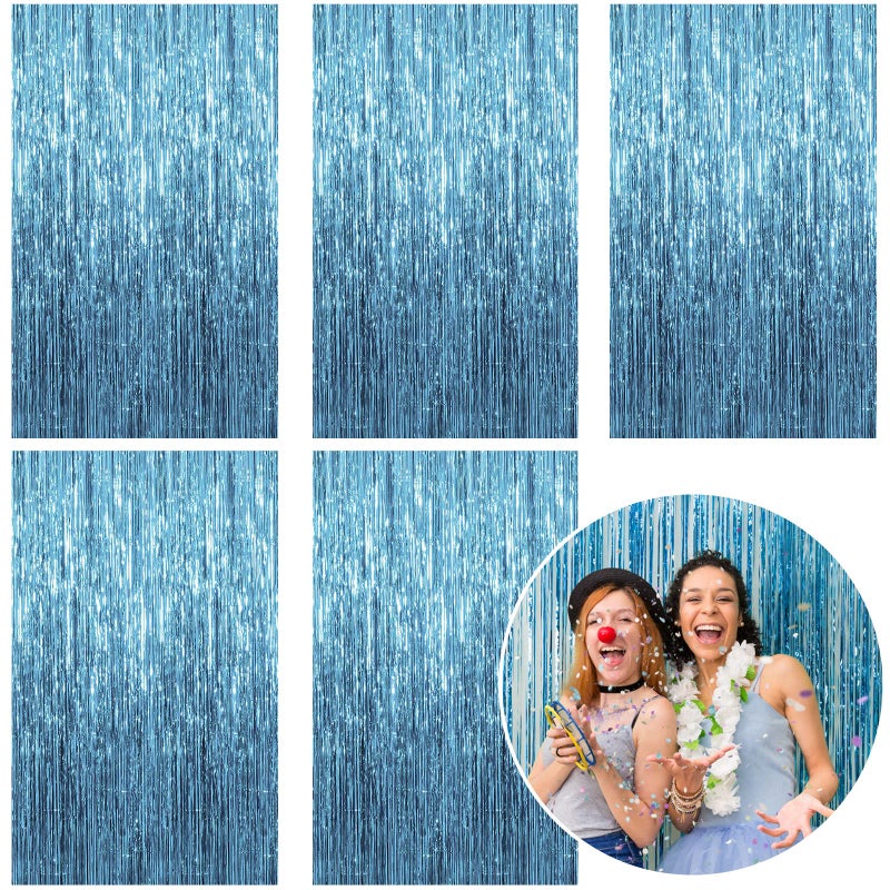 K.E.J. 5 Pack Foil Curtain Backdrop Blue Metallic Tinsel Foil Fringe Curtains Photo Booth Props For Birthday Wedding Engagement Baby Shower Bachelorette Christmas Holiday Celebration Party Decorations - Image 1