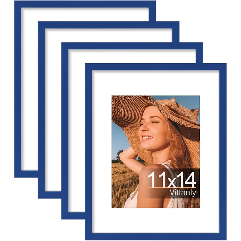 مجموعة إطارات صور فيتانلي 11x14 مجموعة من 4 إطارات لعرض الصور 8x10 مع مات أو 11x14 بدون مات مجموعة إطارات جدارية للجدران أو الطاولات مصنوعة من الخشب الهندسي مع زجاج بلاستيكي مقاوم للكسر باللون الأزرق